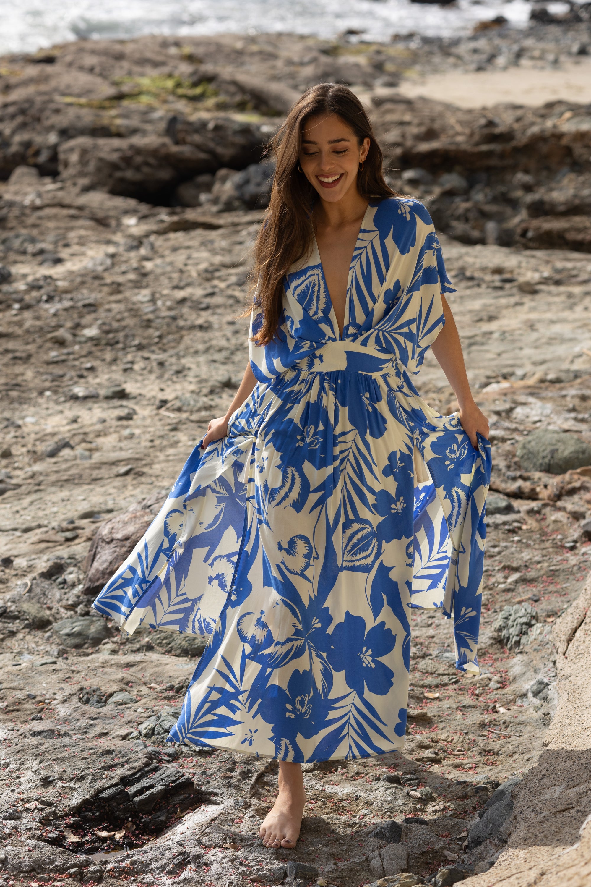 Blue Palm Kimono Sleeve Slit Maxi Dress / Ivory