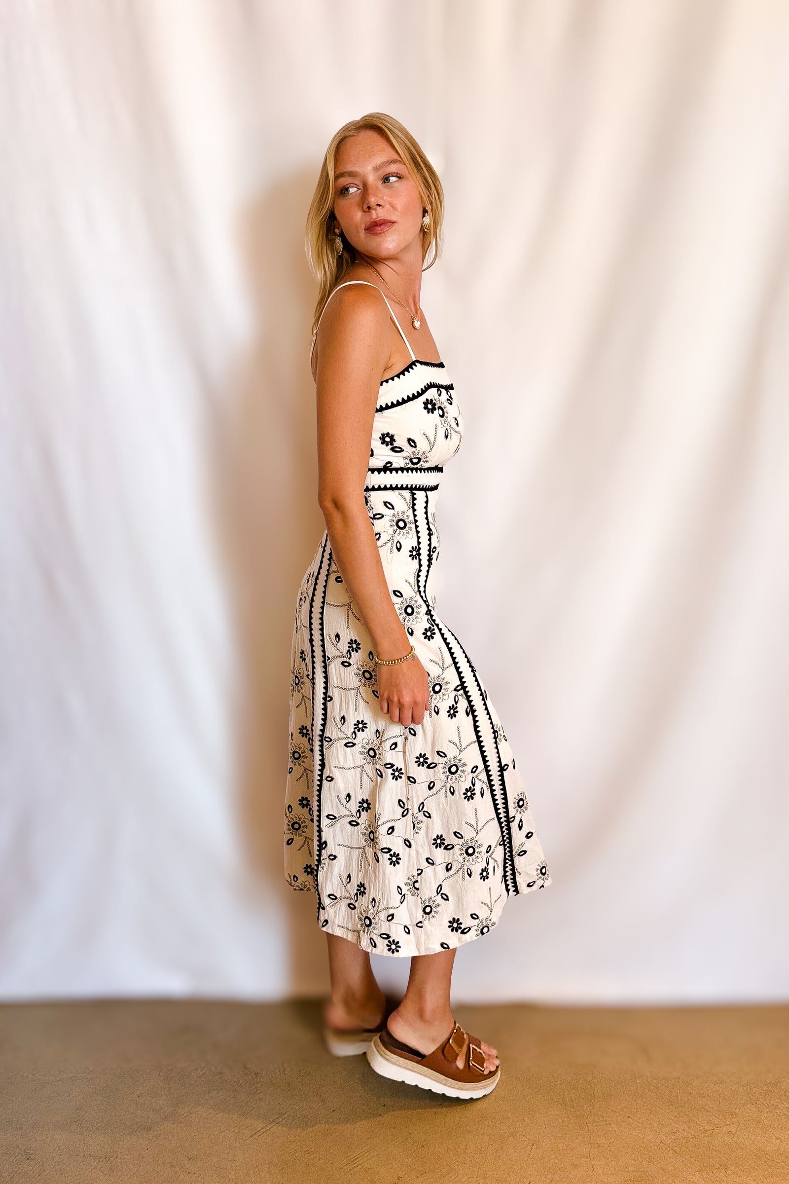 Black Embroidered Ric Rac Trim Maxi Dress / Natural