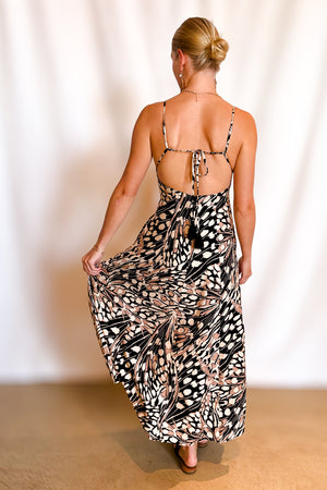 Monarch Print Open Tie Back Cami Maxi Dress / Black