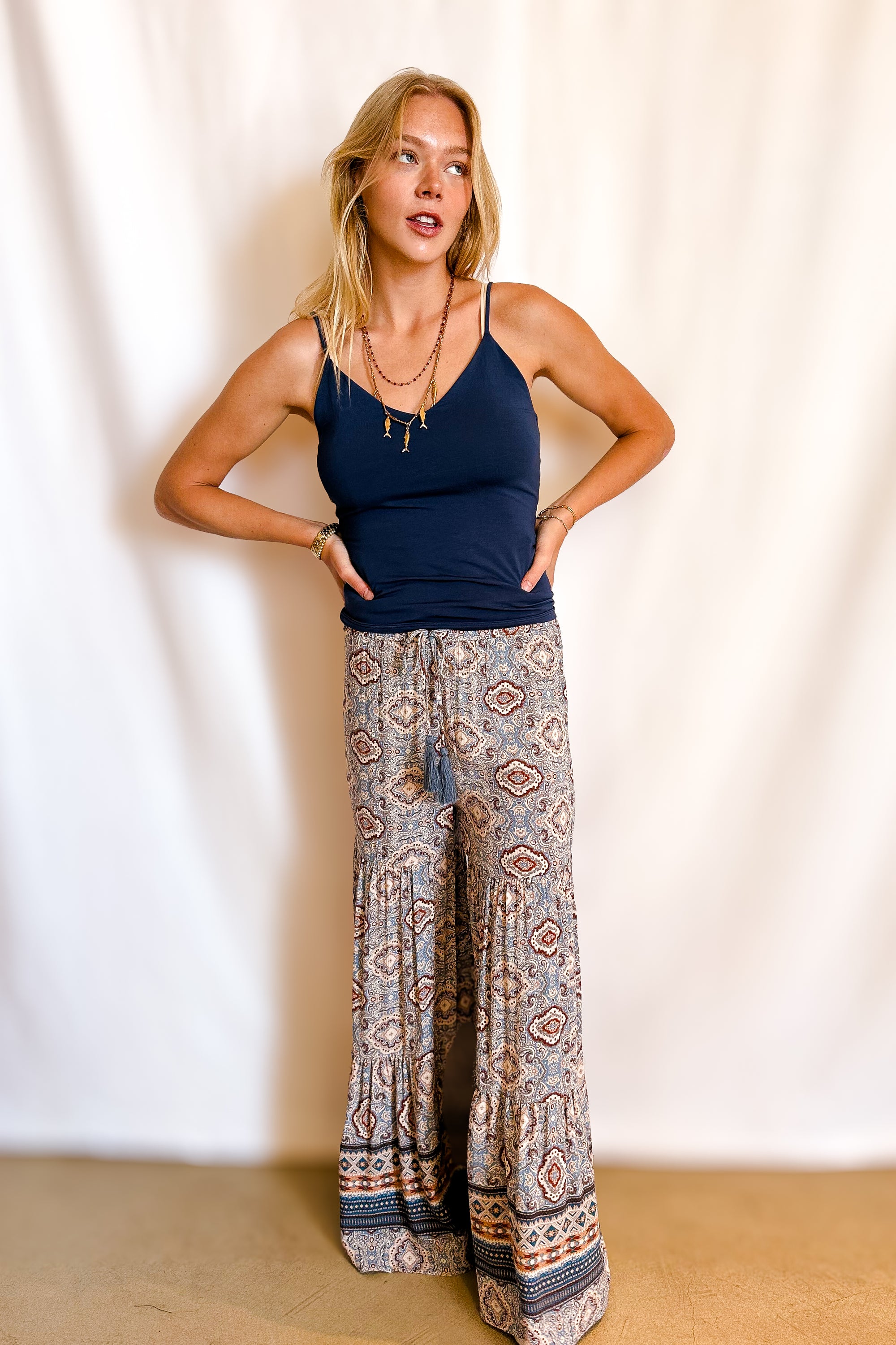 Paisley Border Print Wide Leg Paint / Blue