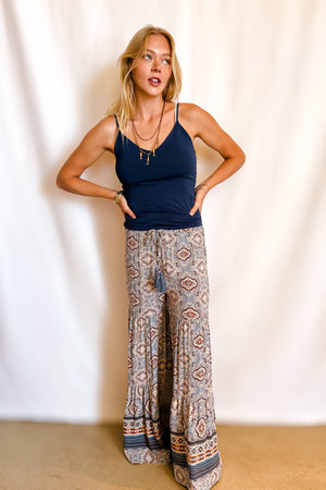 Paisley Border Print Wide Leg Paint / Blue