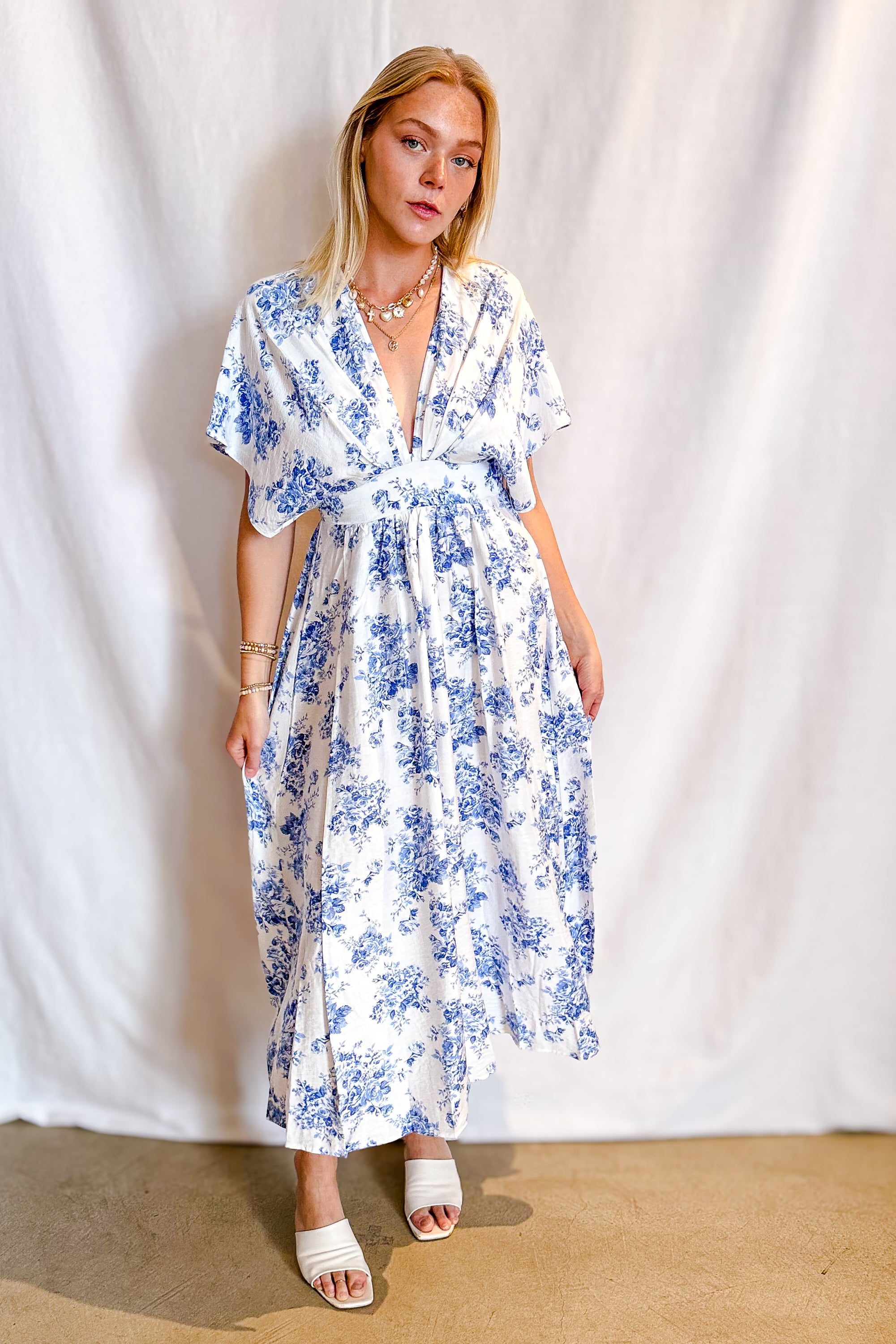 Blue Country Floral Kimono Sleeve Slit Maxi Dress / Ivory - Merrilee's Swimwear Blue Country Floral Kimono Sleeve Slit Maxi Dress / Ivory - Merrilee's Swimwear