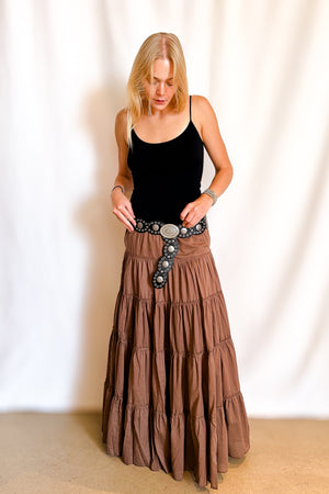Drawstring Tiered Full Maxi Skirt / Brown