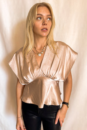 Satin V Neck Short Sleeve Kimono Top / Champagne