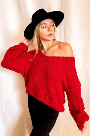 Fluffy V-Neck Sweater / Red