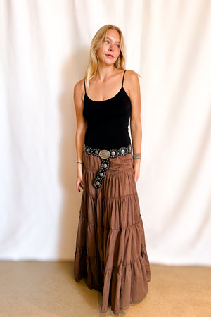 Drawstring Tiered Full Maxi Skirt / Brown
