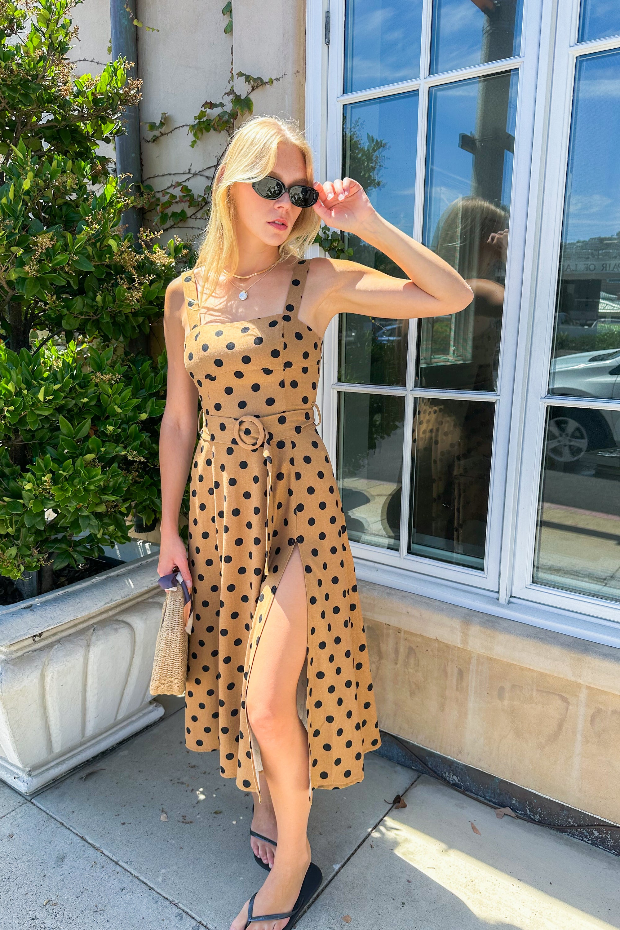 Polka Dot Linen Belted Tank Dress / Brown