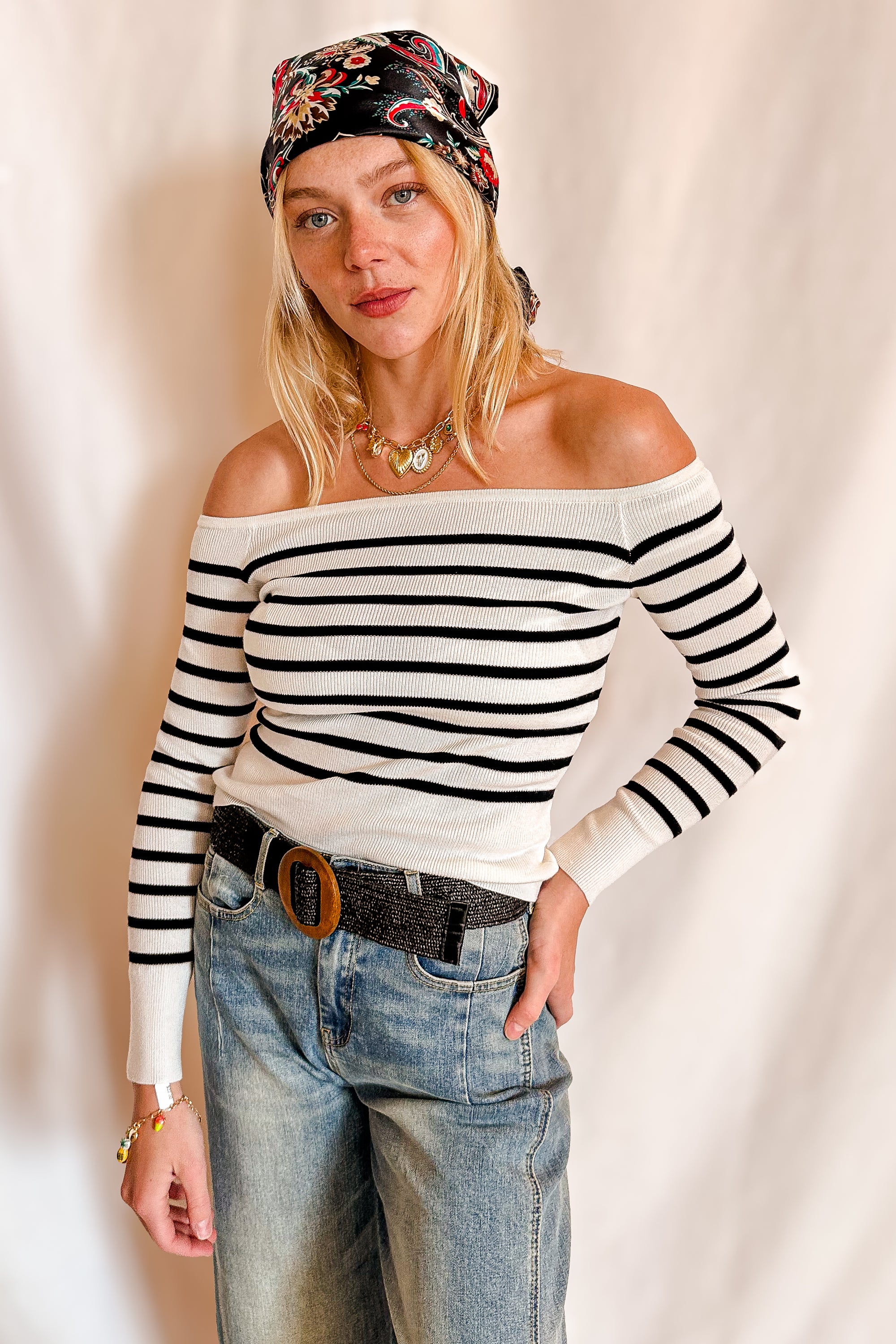 Soft Stripe Off Shoulder Long Sleeve Knit Top / Ivory