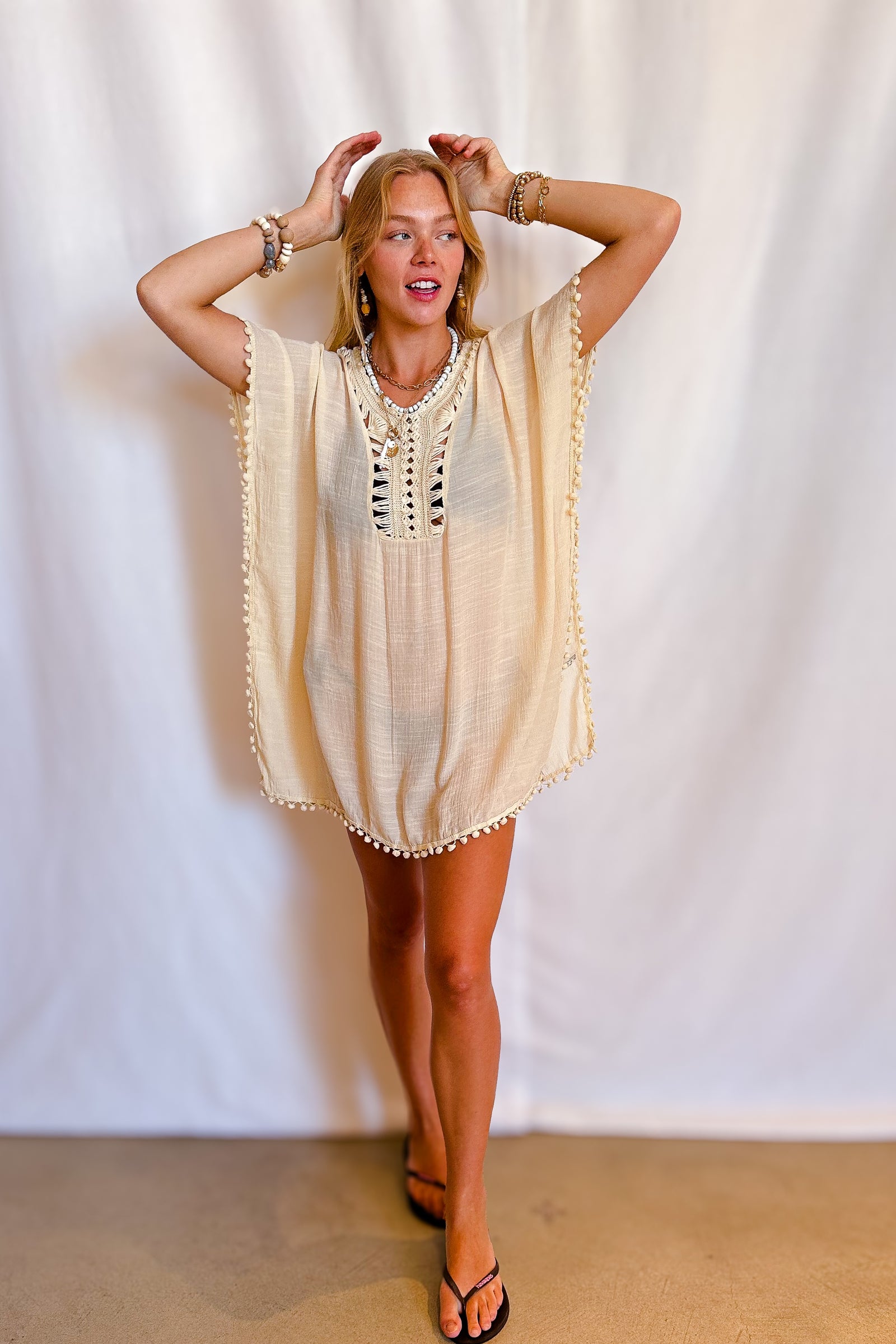 Crochet Neckline Short Cover Up Dress / Natural
