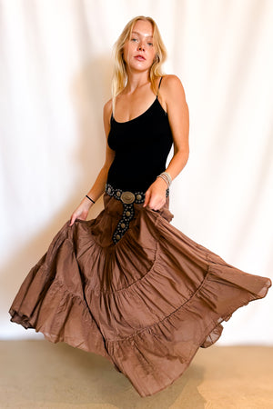 Drawstring Tiered Full Maxi Skirt / Brown