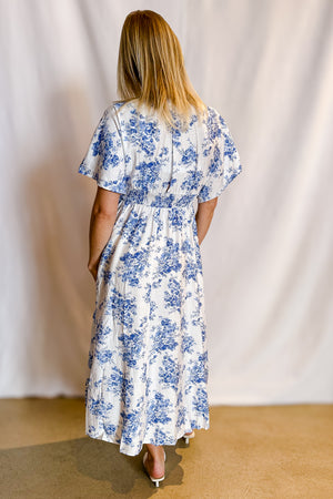 Blue Country Floral Kimono Sleeve Slit Maxi Dress / Ivory