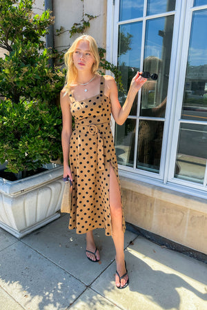 Polka Dot Linen Belted Tank Dress / Brown