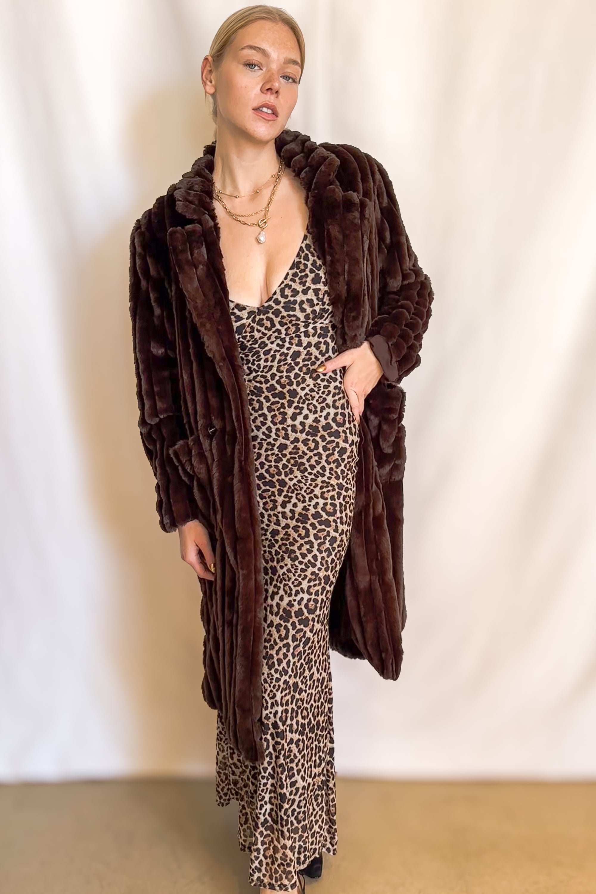 Leopard Mesh Cami Maxi Dress / Brown