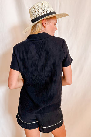 Embroidered Soft Gauze Short Sleeve Top / Black