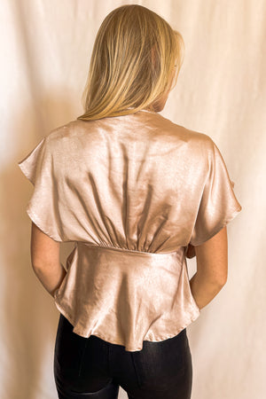 Satin V Neck Short Sleeve Kimono Top / Champagne