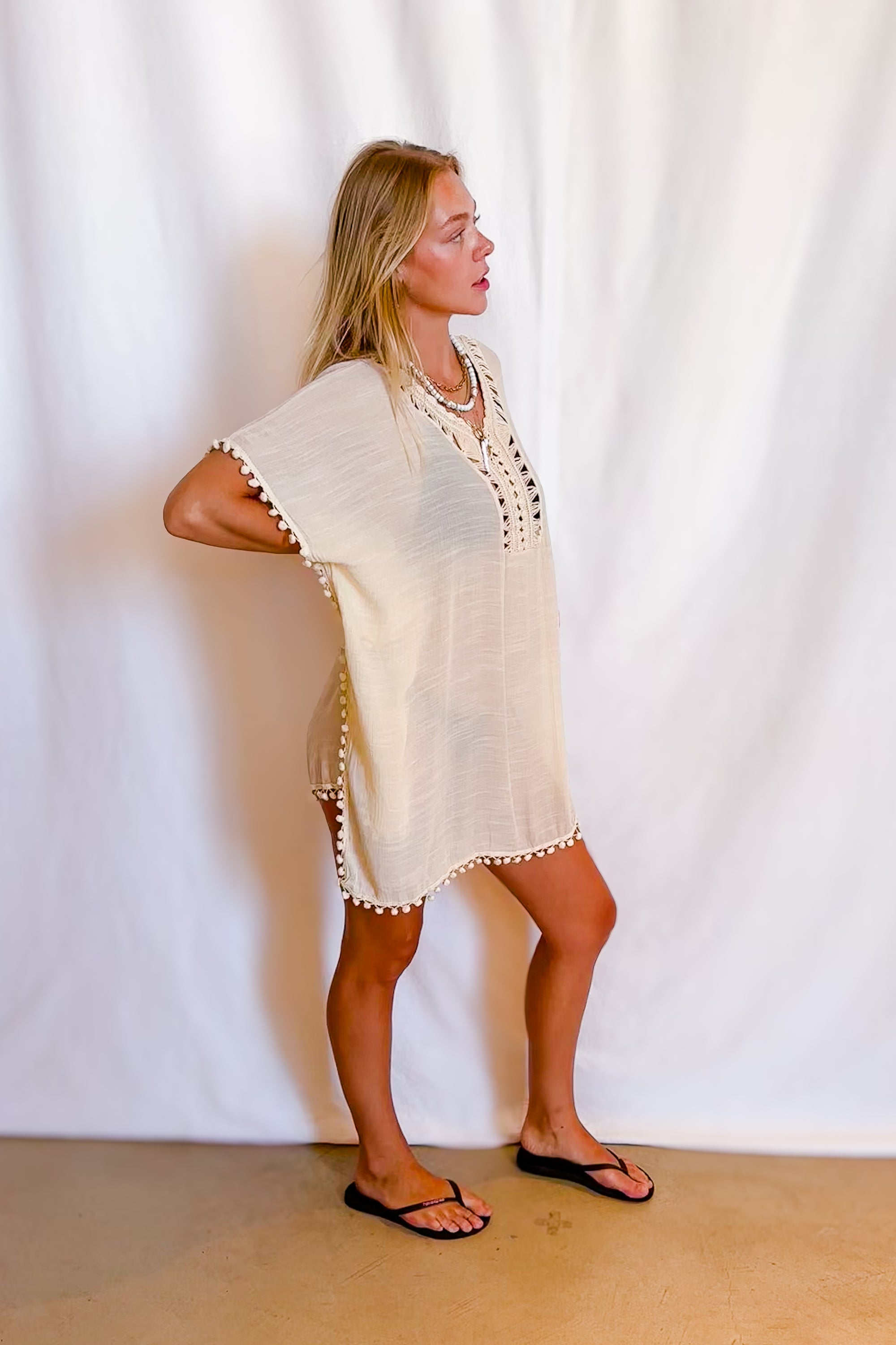 Crochet Neckline Short Cover Up Dress / Natural