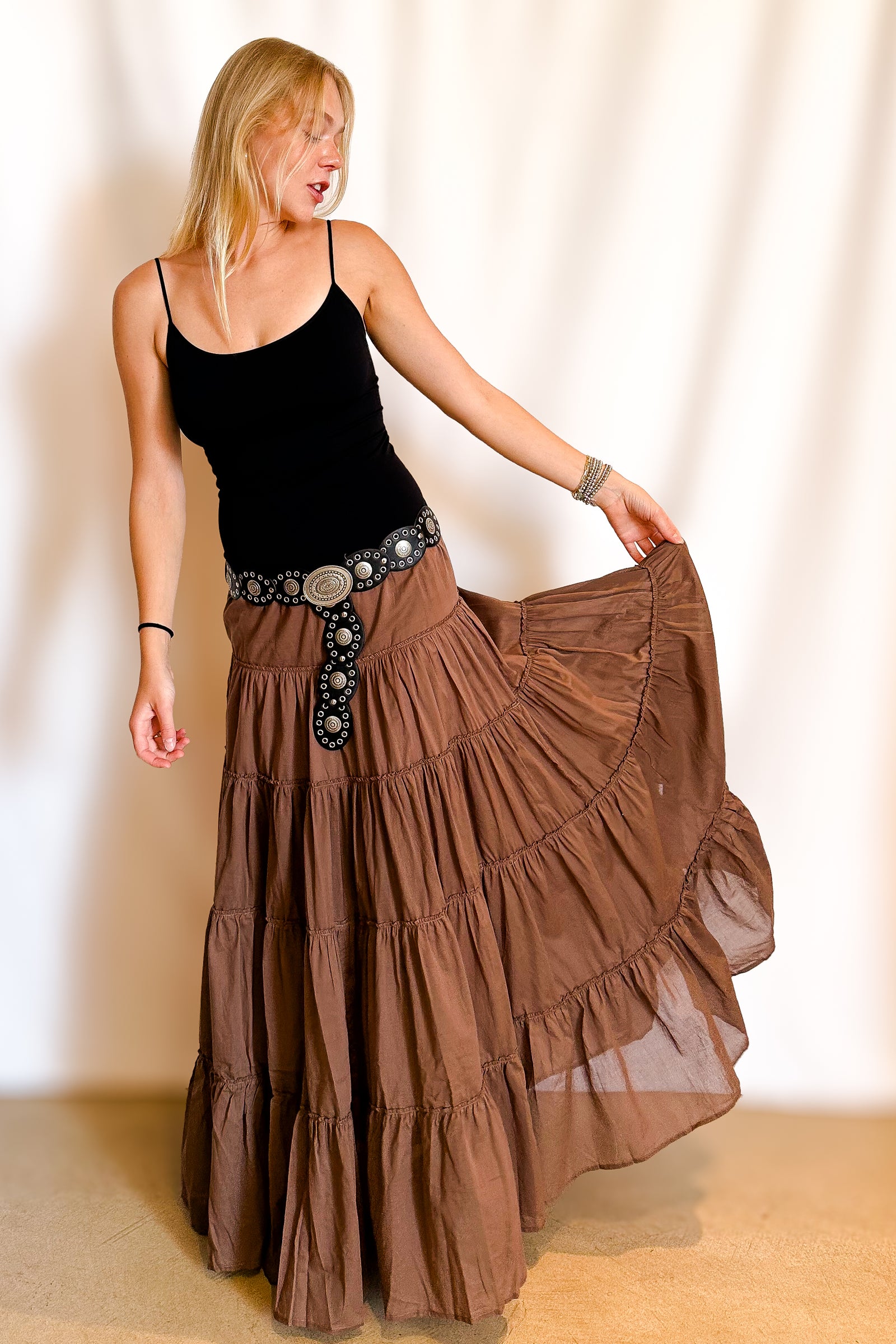 Drawstring Tiered Full Maxi Skirt / Brown