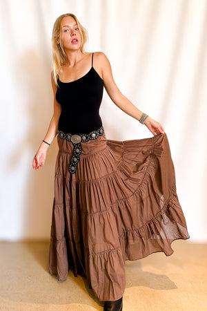 Drawstring Tiered Full Maxi Skirt / Brown