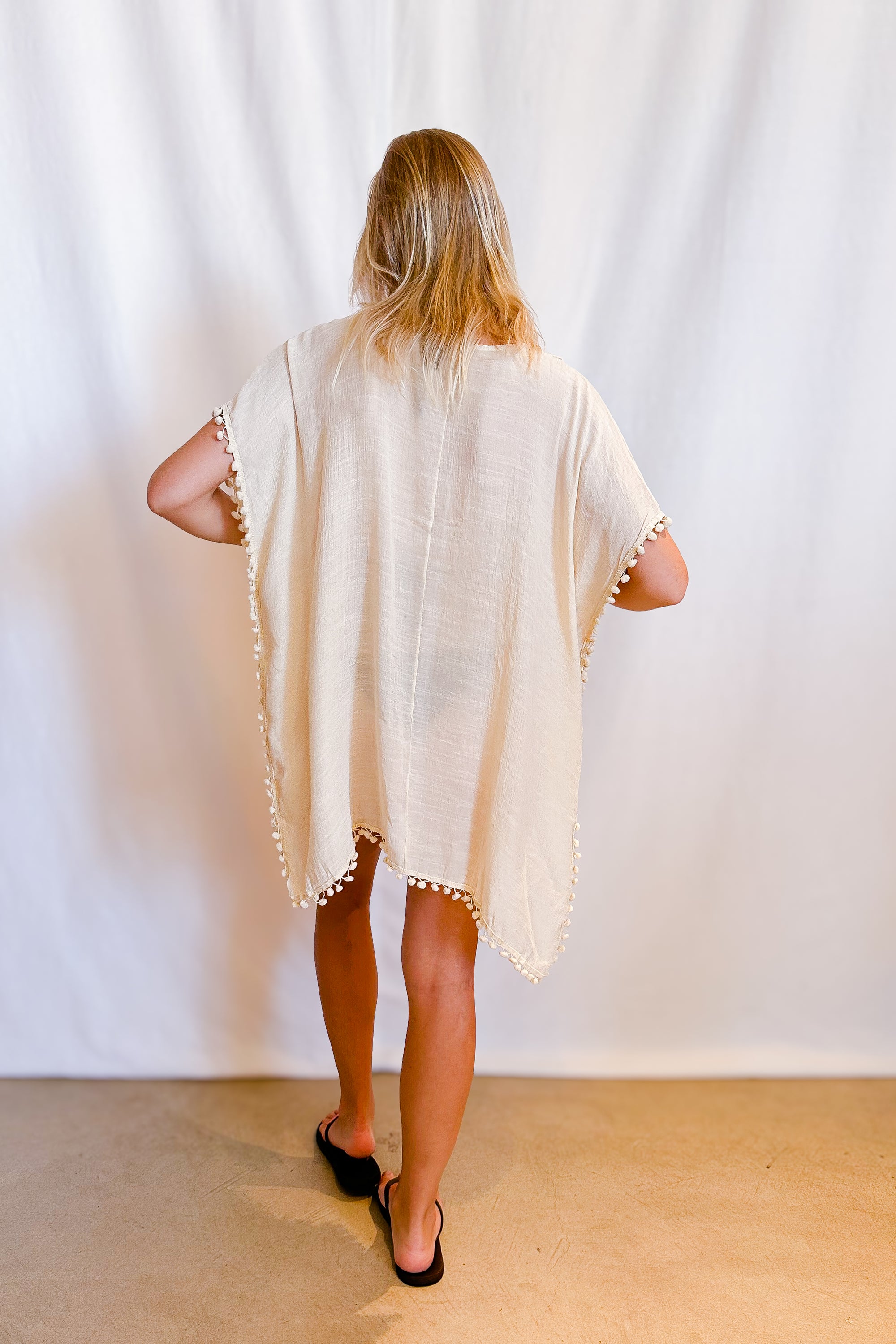 Crochet Neckline Short Cover Up Dress / Natural