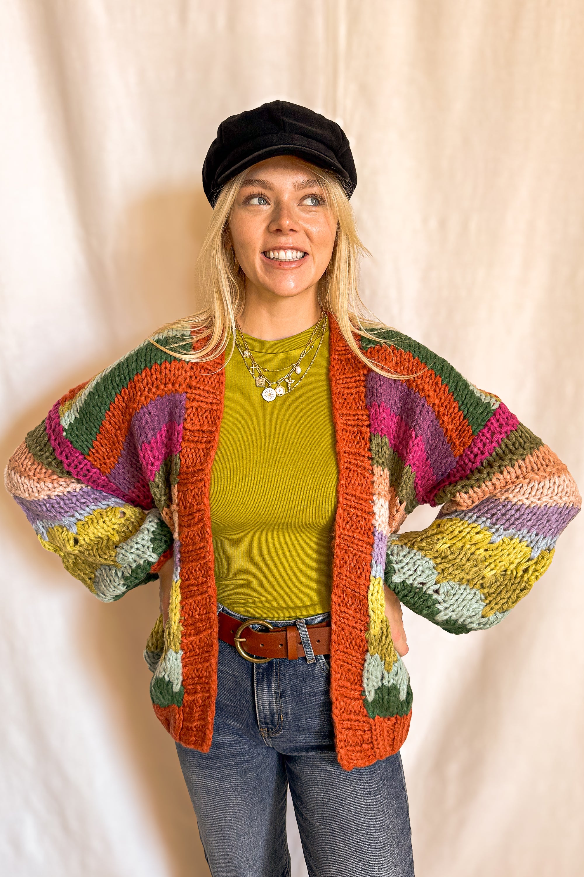 Colorful Chunky Stripe Cardigan / Rust