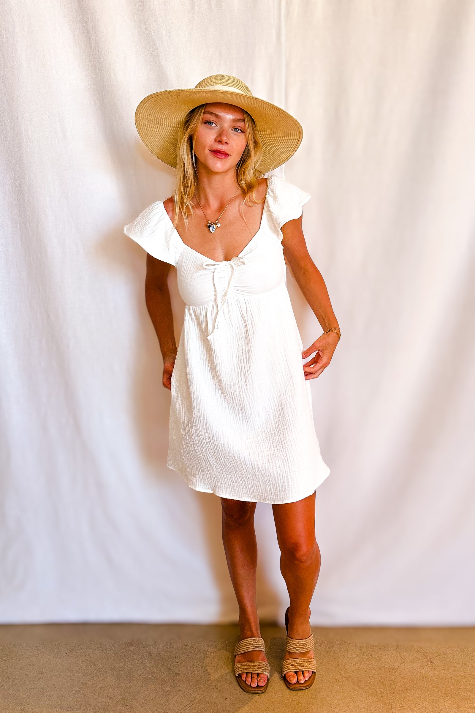 Soft Gauze Ruffle Shoulder Babydoll Dress / White