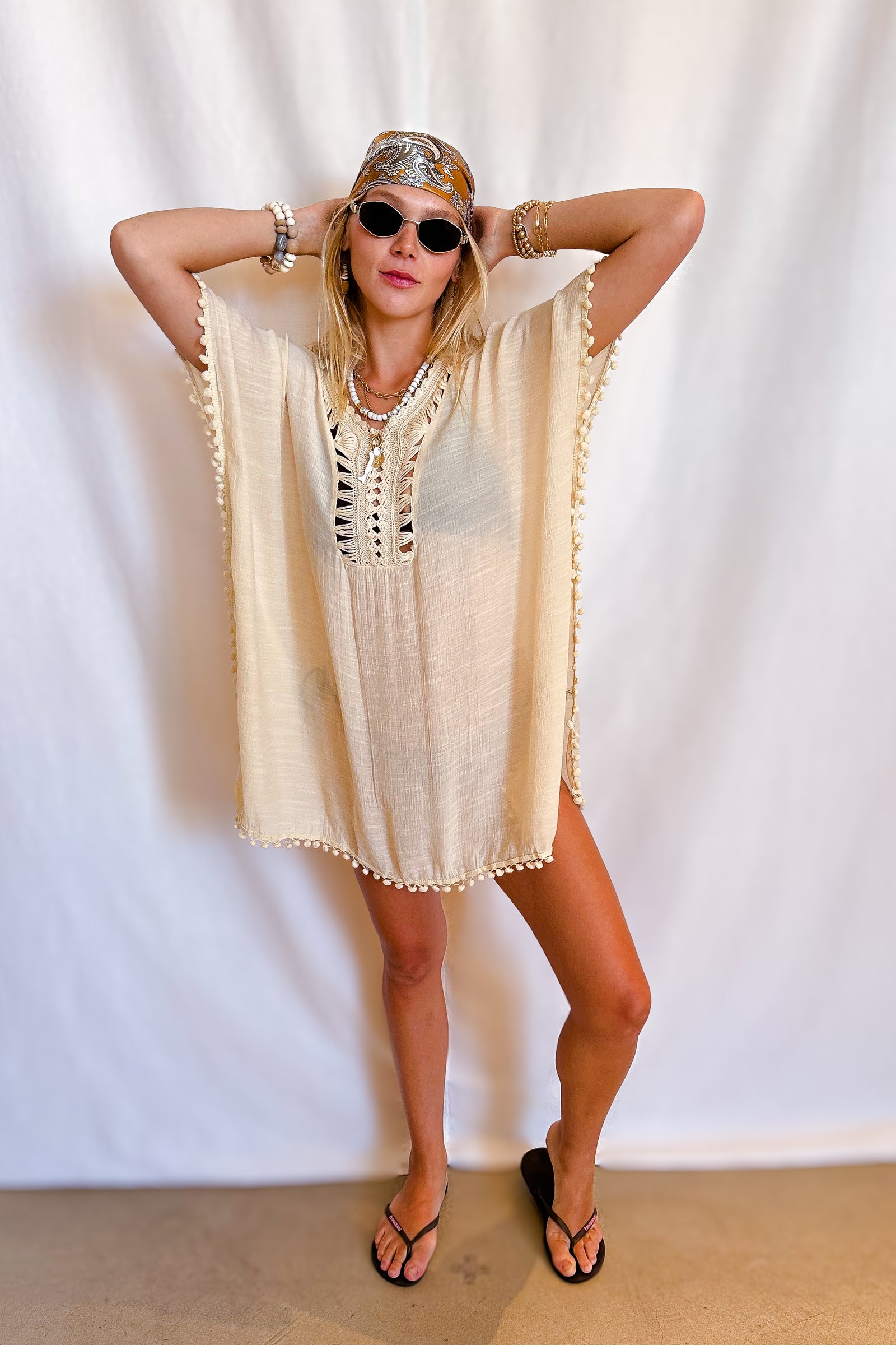 Crochet Neckline Short Cover Up Dress / Natural