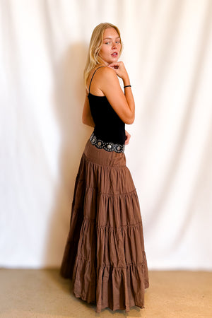 Drawstring Tiered Full Maxi Skirt / Brown
