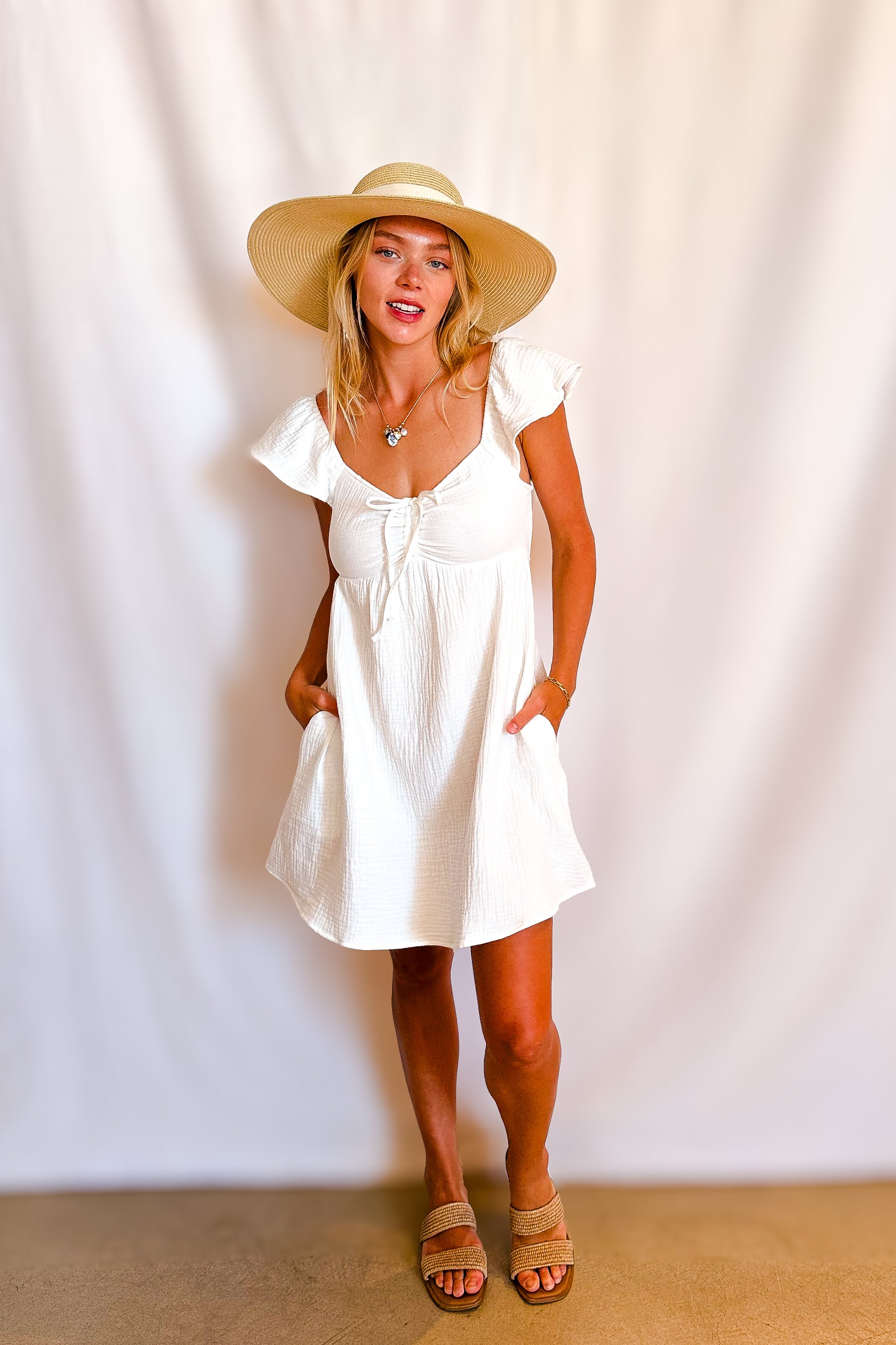 Soft Gauze Ruffle Shoulder Babydoll Dress / White