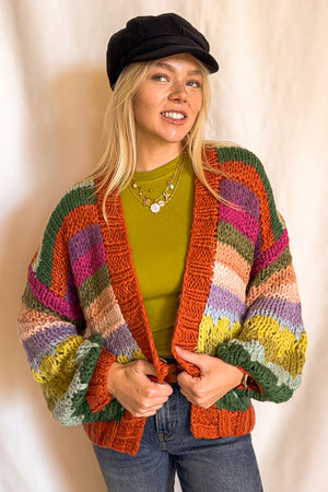 Colorful Chunky Stripe Cardigan / Rust