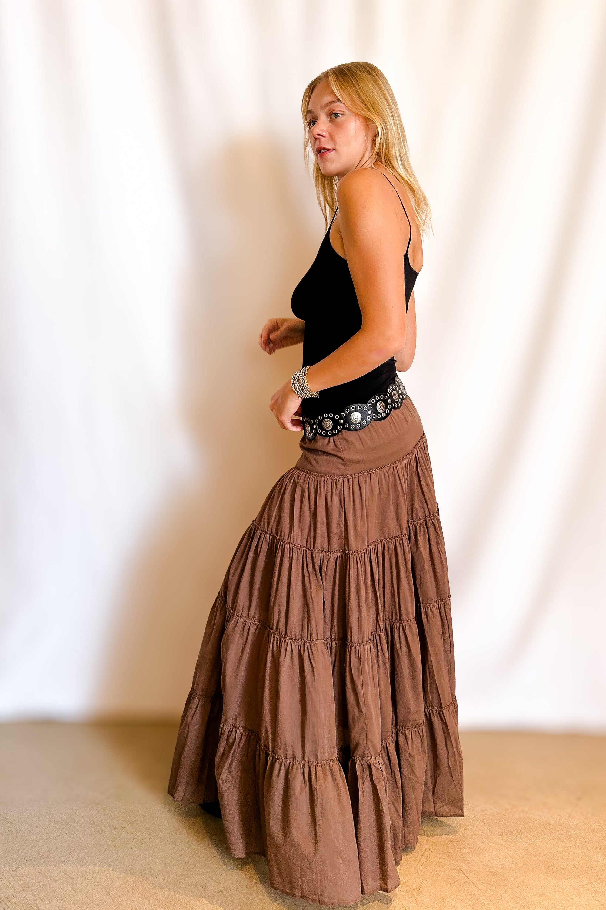 Drawstring Tiered Full Maxi Skirt / Brown