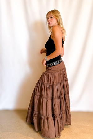 Drawstring Tiered Full Maxi Skirt / Brown