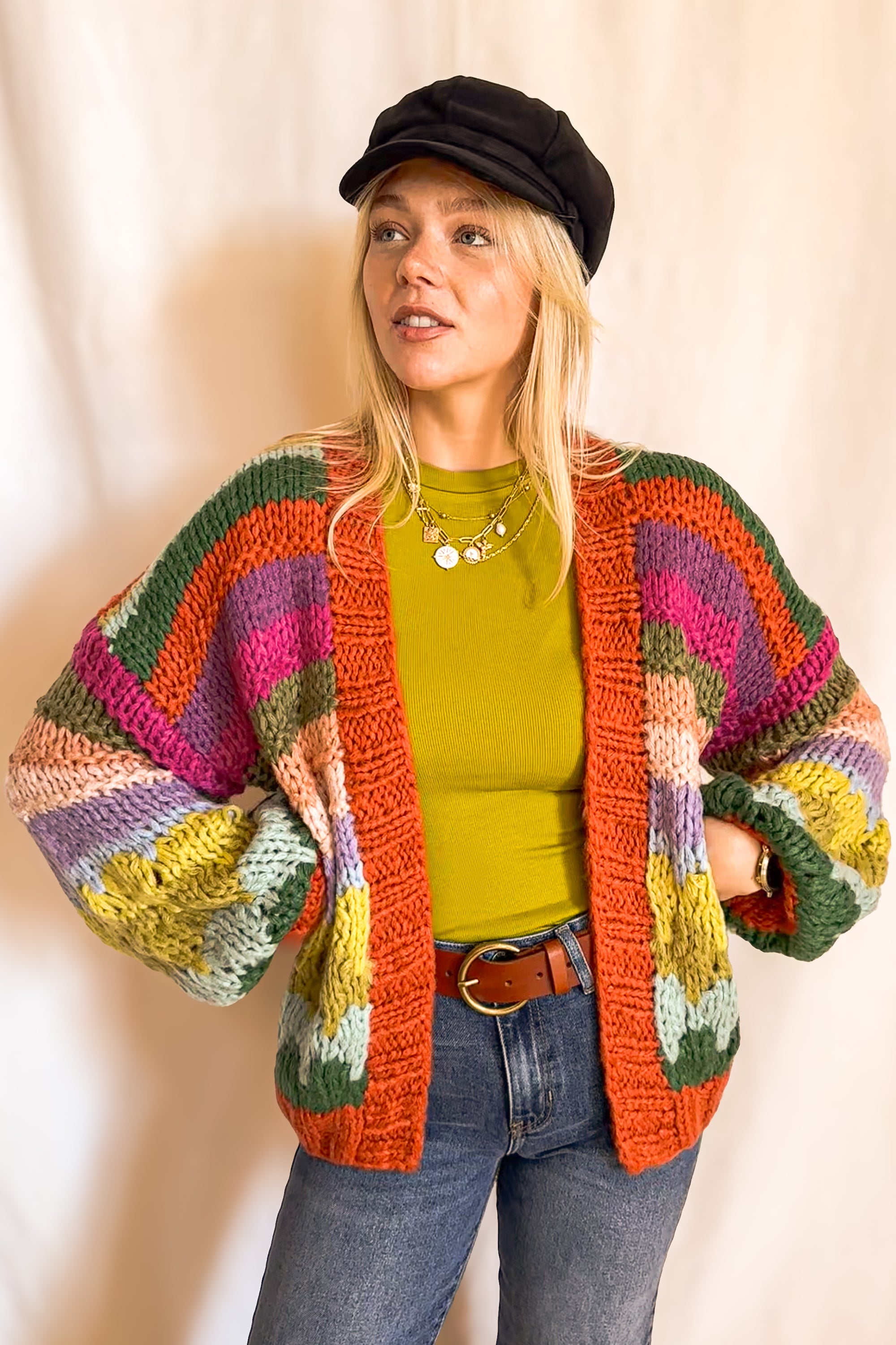 Colorful Chunky Stripe Cardigan / Rust