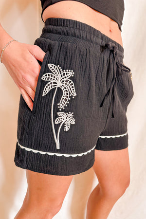 Embroidered Soft Gauze Shorts / Black