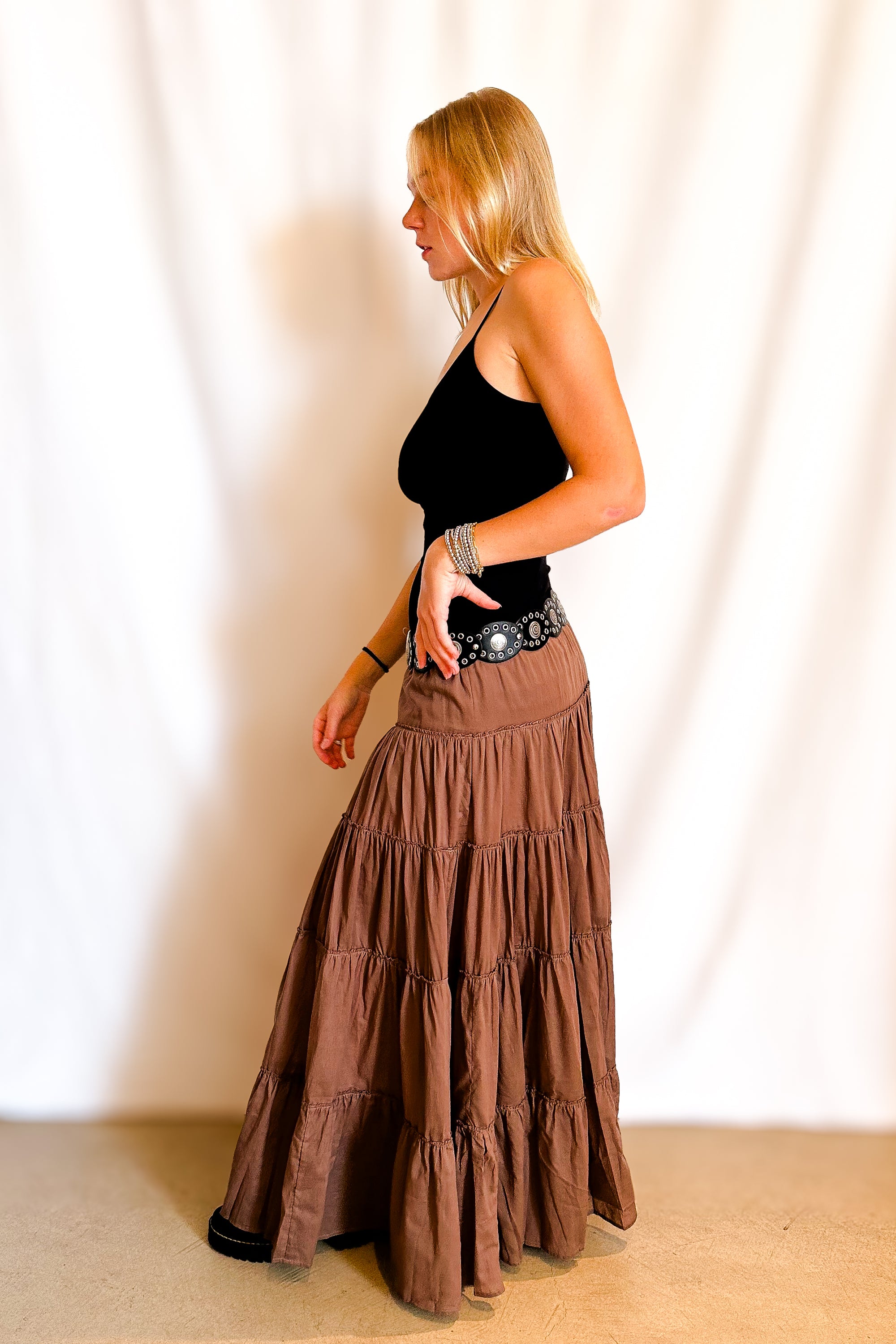 Drawstring Tiered Full Maxi Skirt / Brown