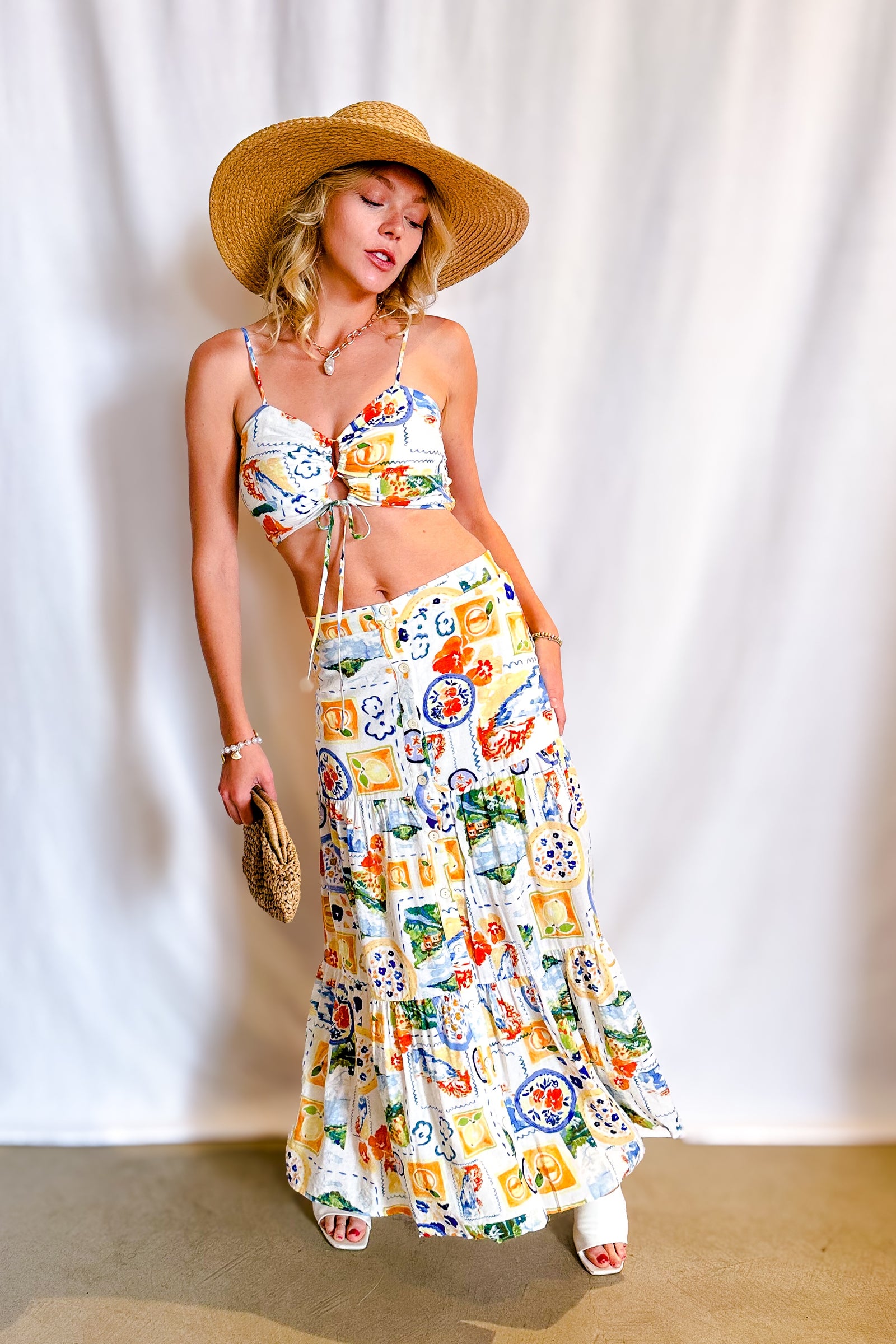 Vacay Patchwork Button Up Maxi Skirt / Ivory