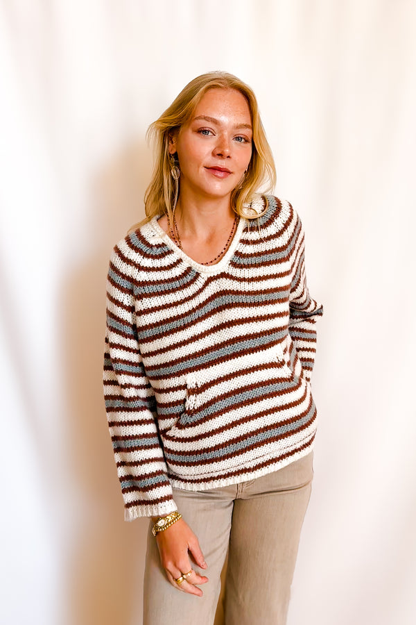 Triple Stripe Beach V-Neck Sweater / Cream - Merrilee's Swimwear