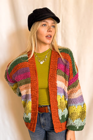 Colorful Chunky Stripe Cardigan / Rust