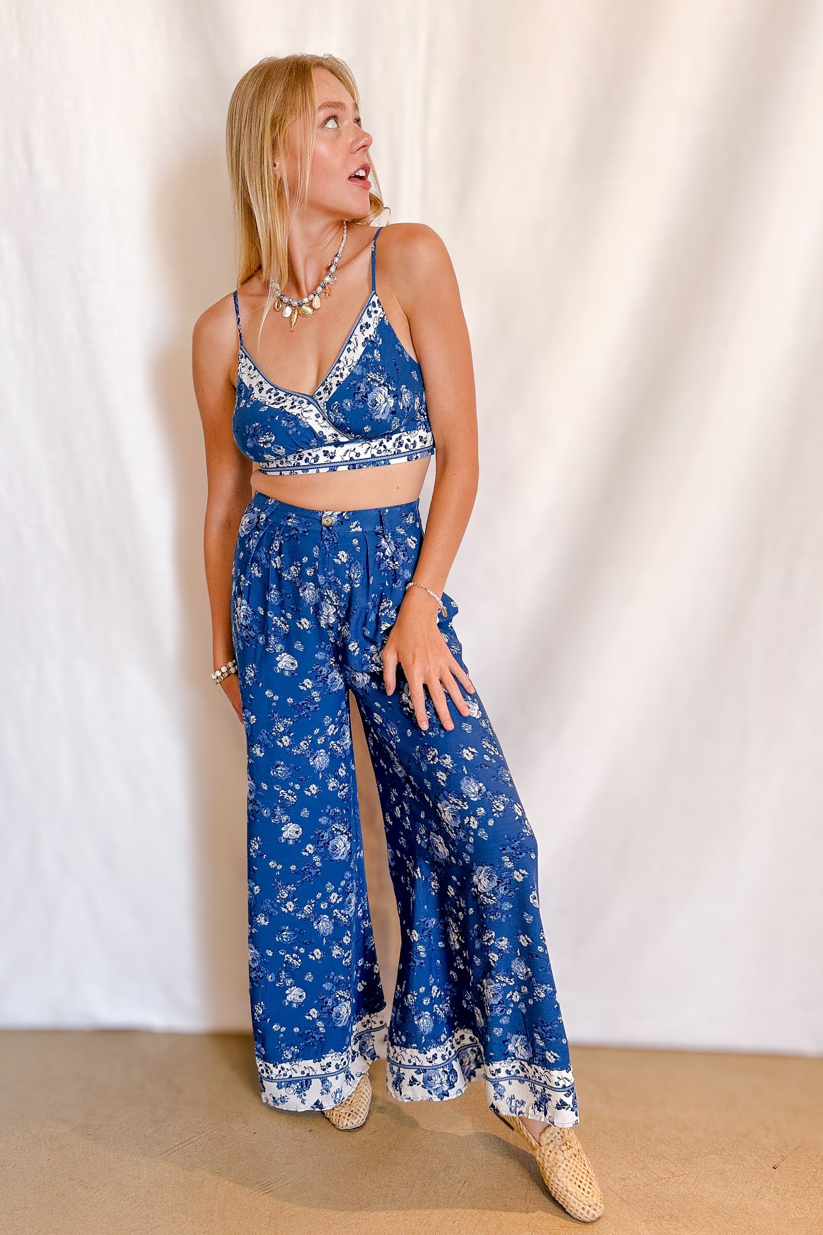 Border Print High Rise Wide Leg Rayon Pant / Blue