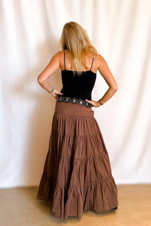 Drawstring Tiered Full Maxi Skirt / Brown