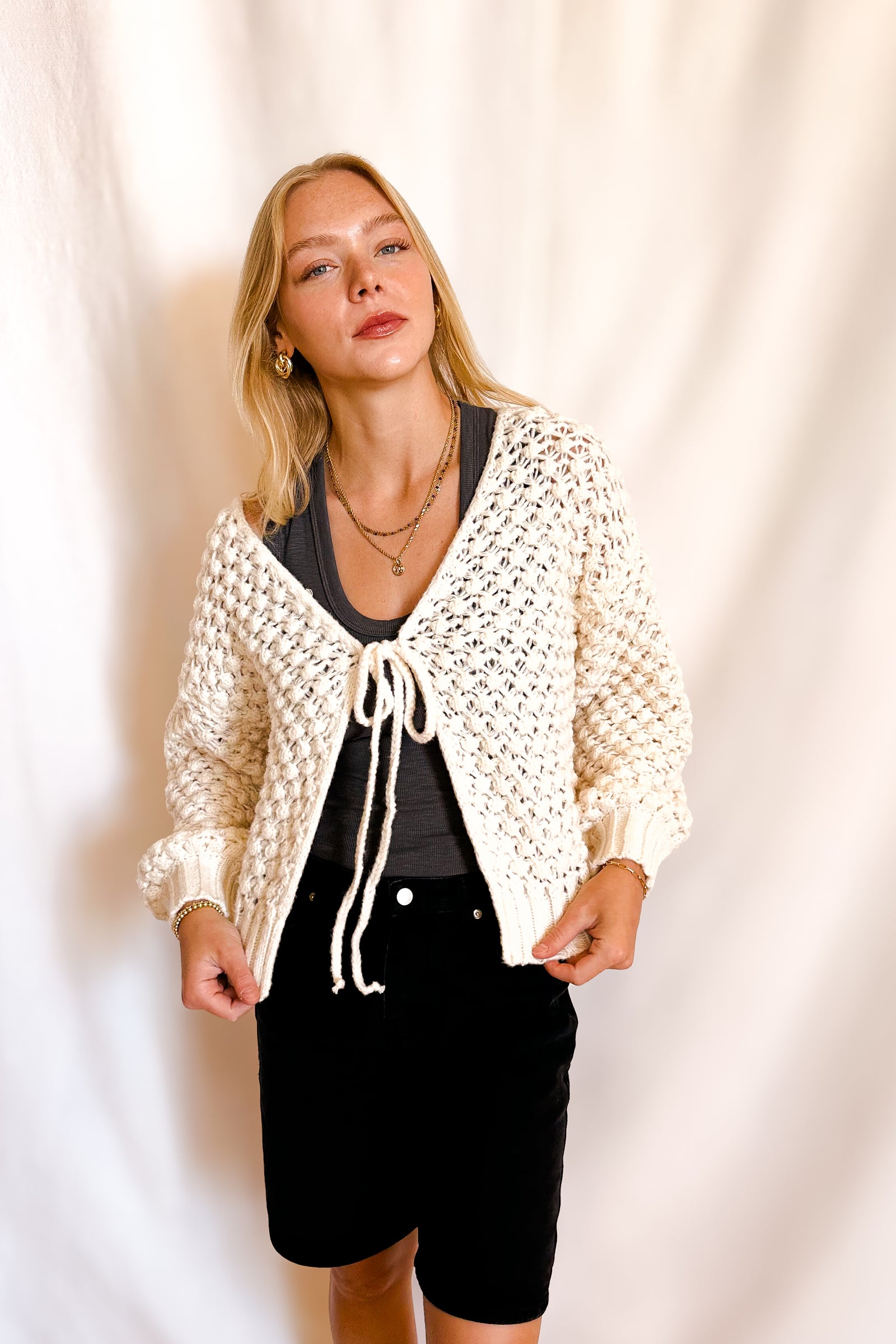 Chunky Yarn Tie Front Cardigan / Ivory