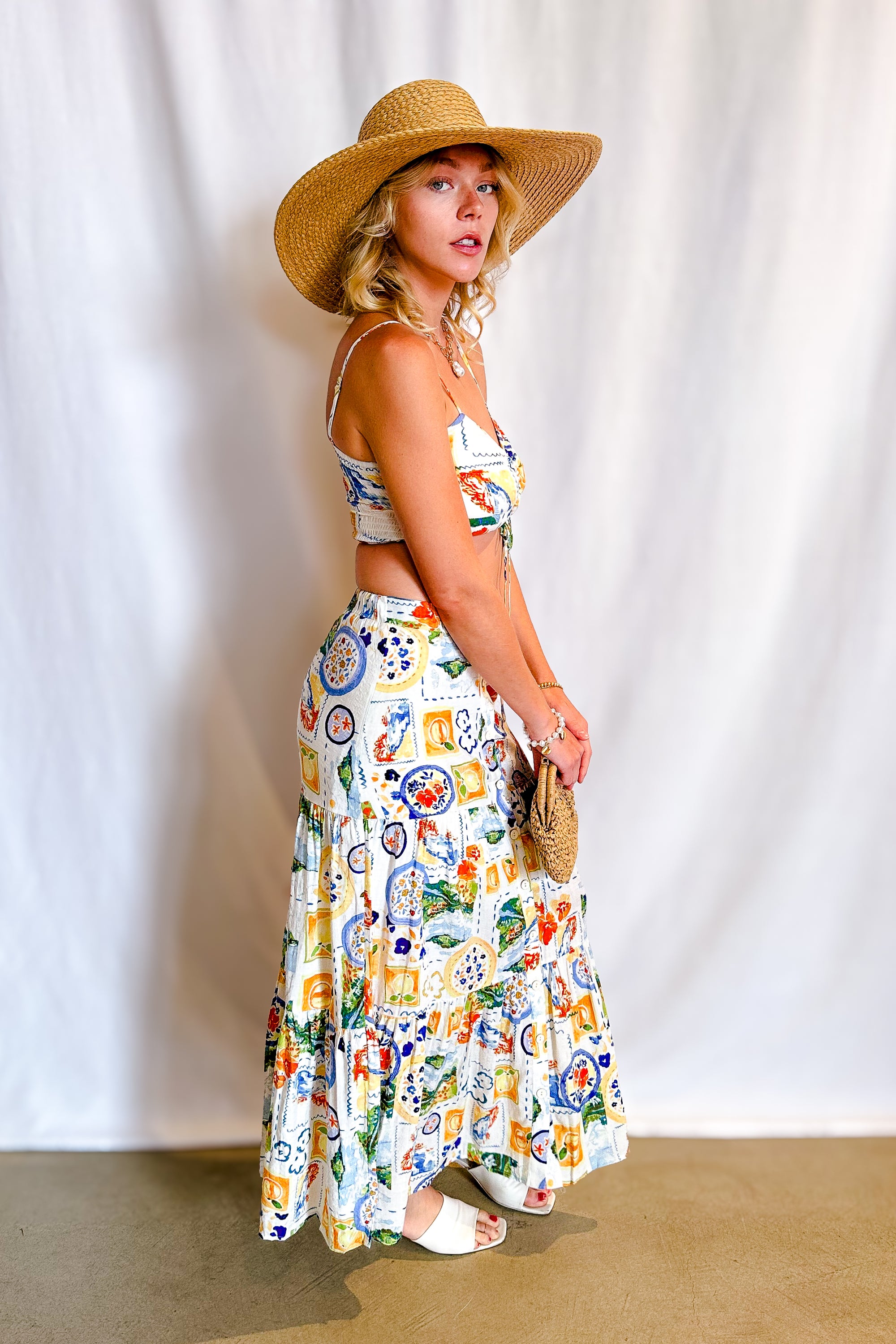 Vacay Patchwork Button Up Maxi Skirt / Ivory