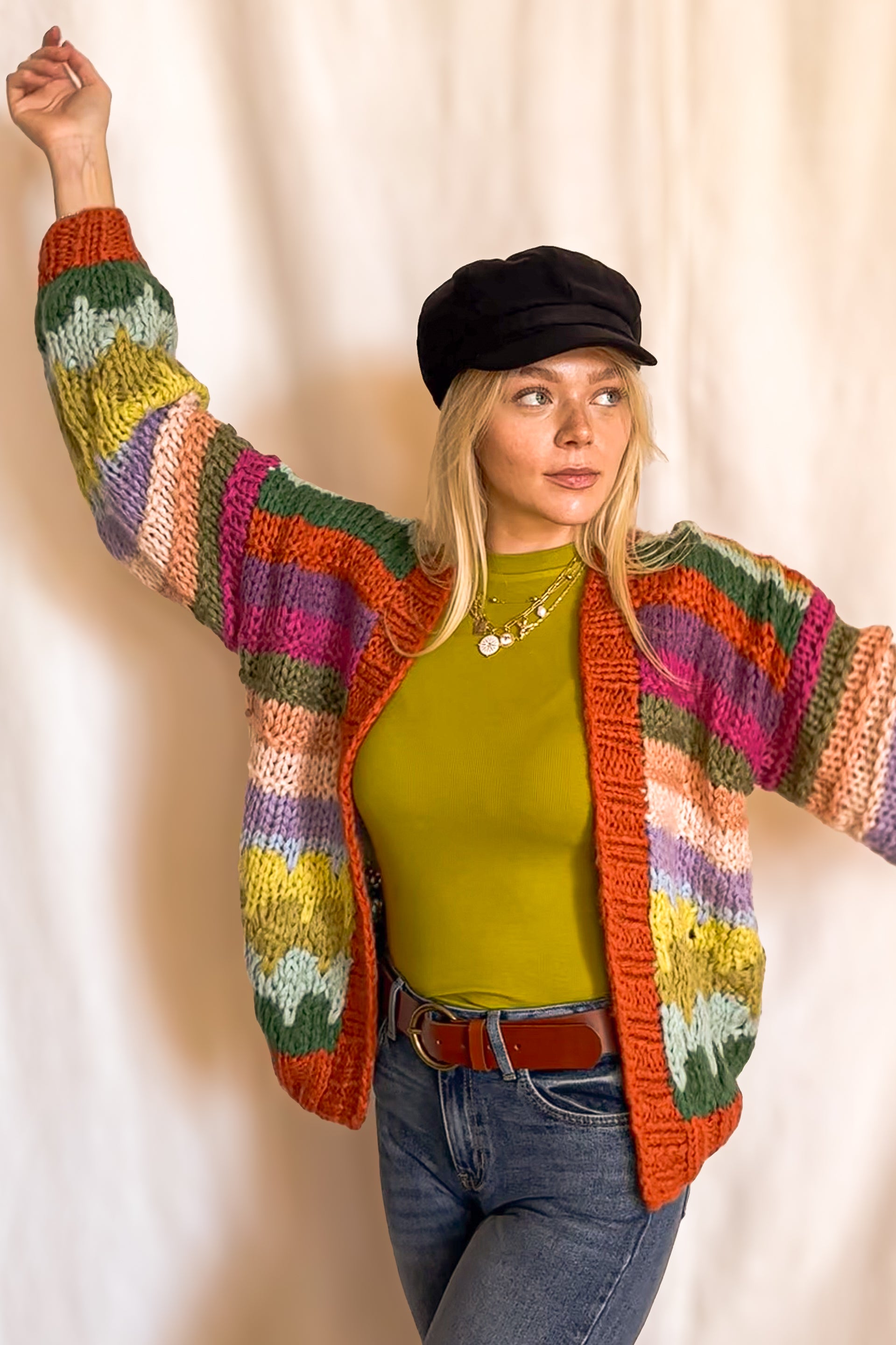 Colorful Chunky Stripe Cardigan / Rust