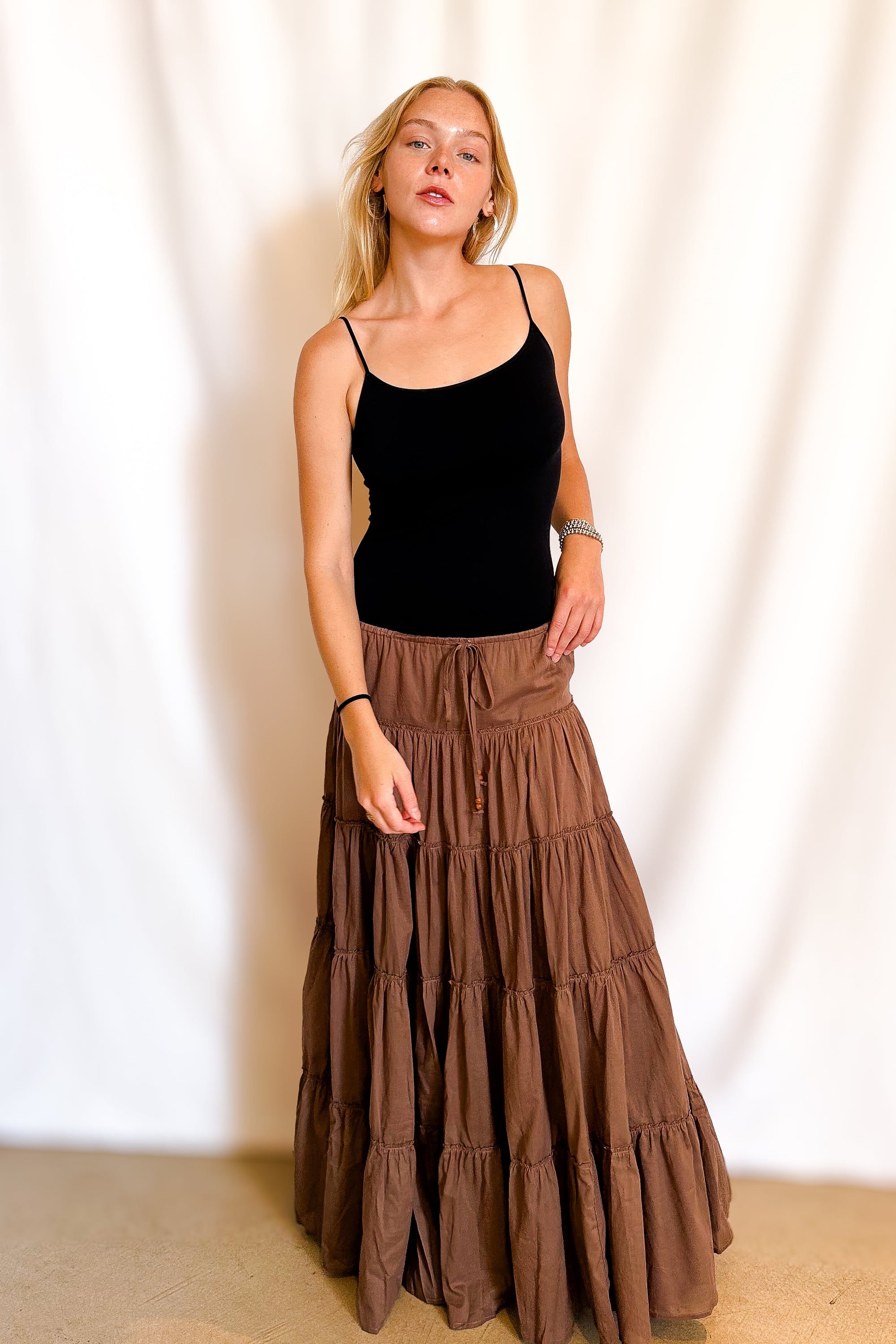 Drawstring Tiered Full Maxi Skirt / Brown