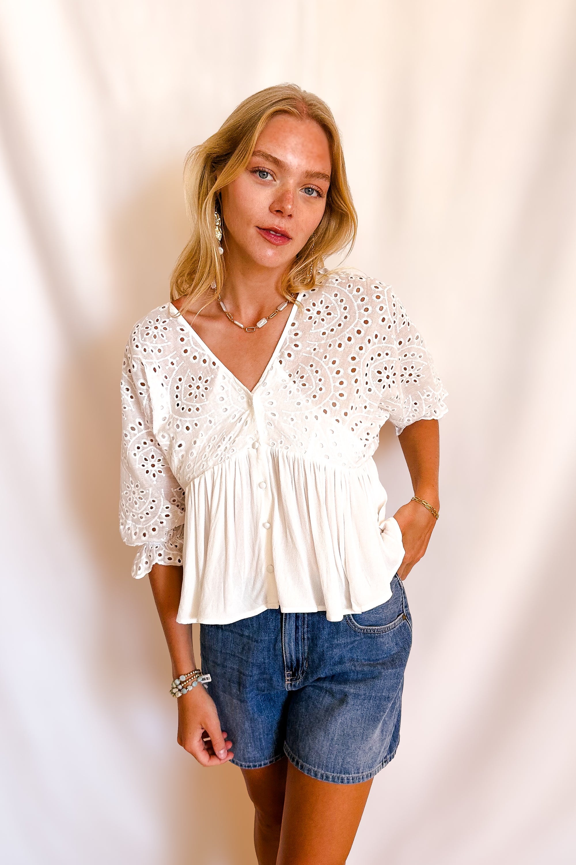 Eyelet Top Detail Button Up Blouse / White