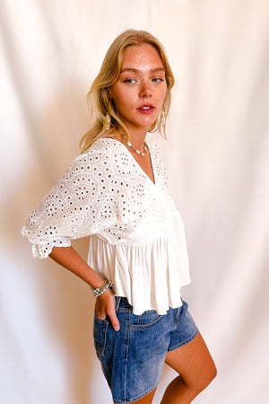 Eyelet Top Detail Button Up Blouse / White