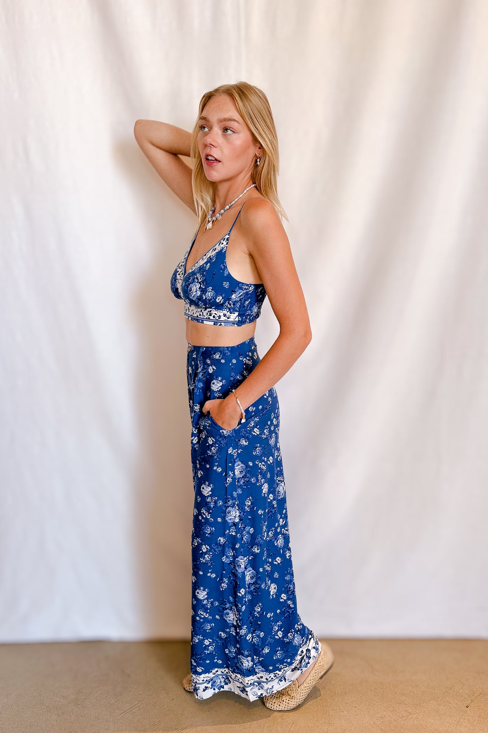 Border Print High Rise Wide Leg Rayon Pant / Blue