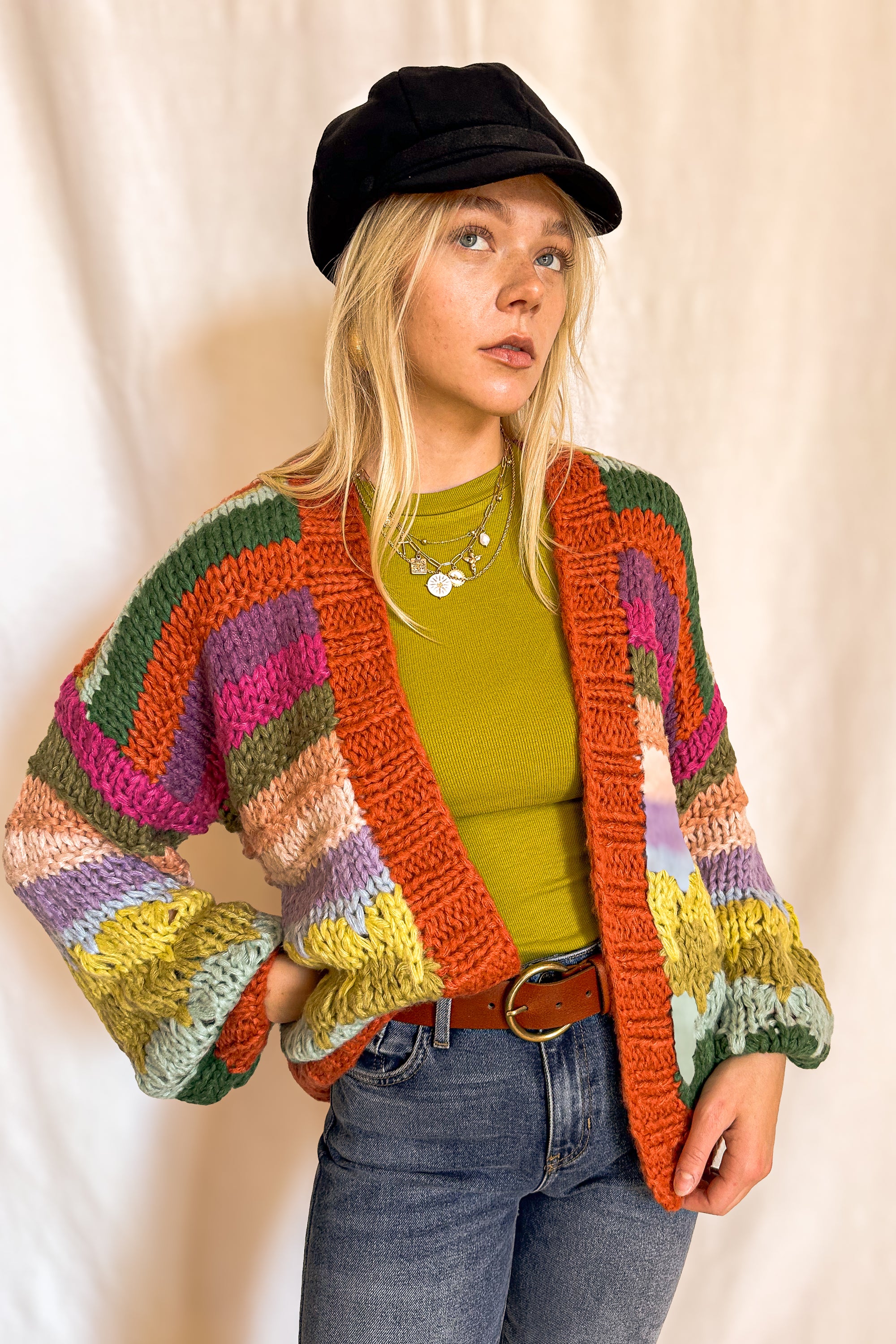 Colorful Chunky Stripe Cardigan / Rust