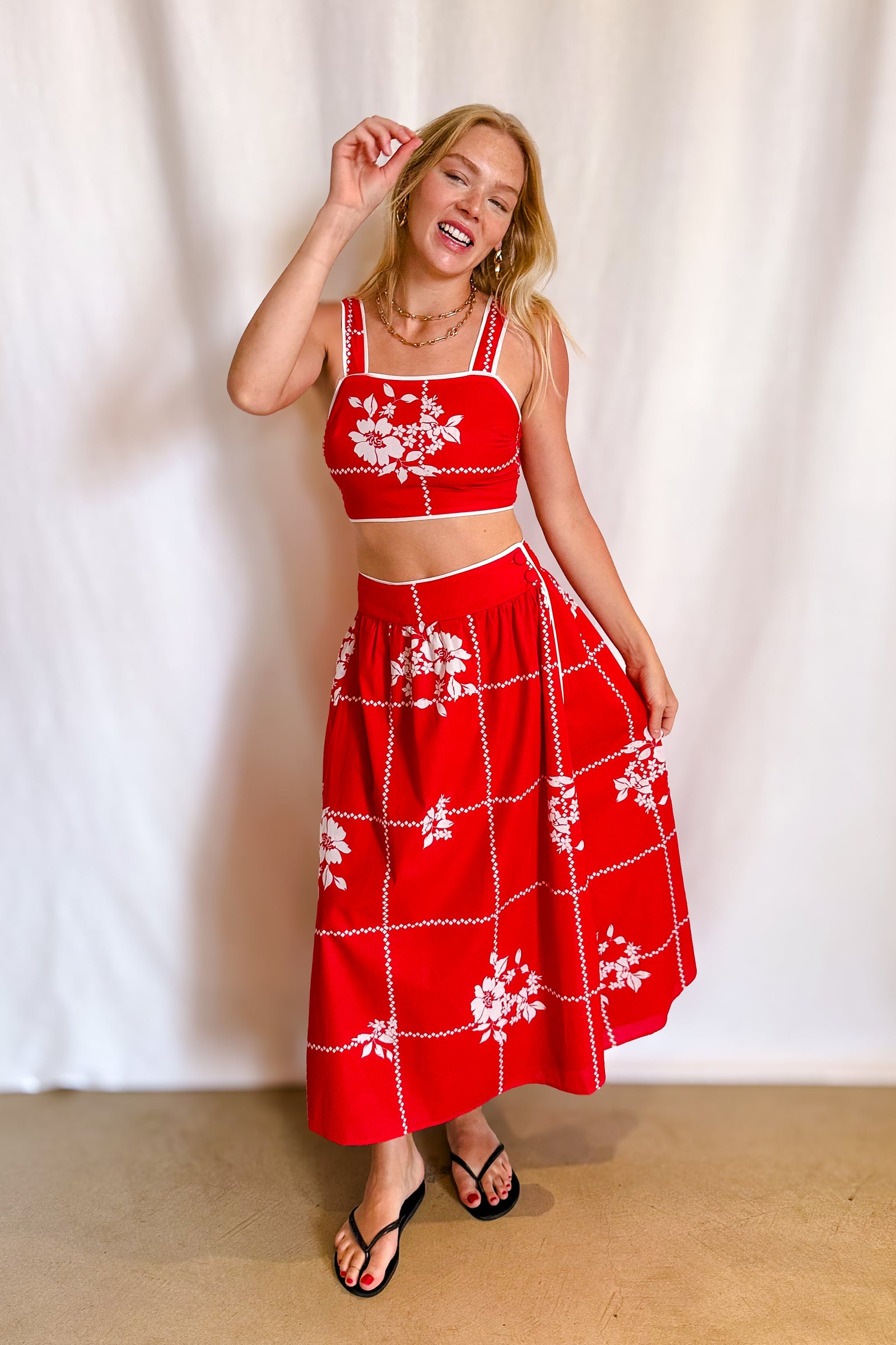Vintage Cloth Wrap Midi Skirt / Red