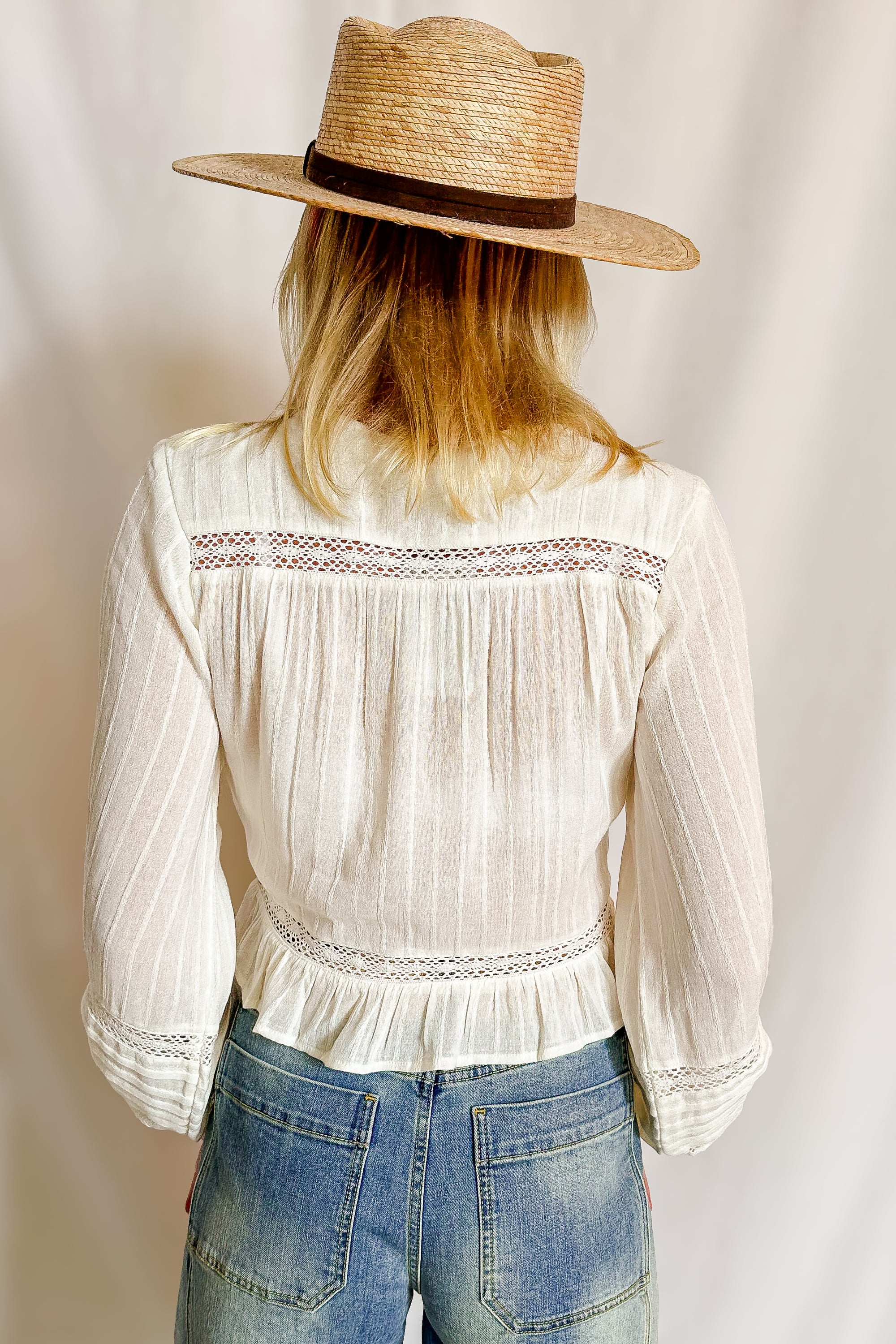 Lattice Detail Long Sleeve Tie Front Top / Ivory