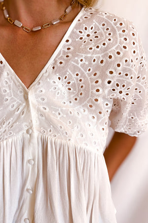 Eyelet Top Detail Button Up Blouse / White